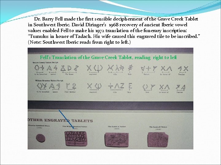 Dr. Barry Fell made the first sensible decipherment of the Grave Creek Tablet in