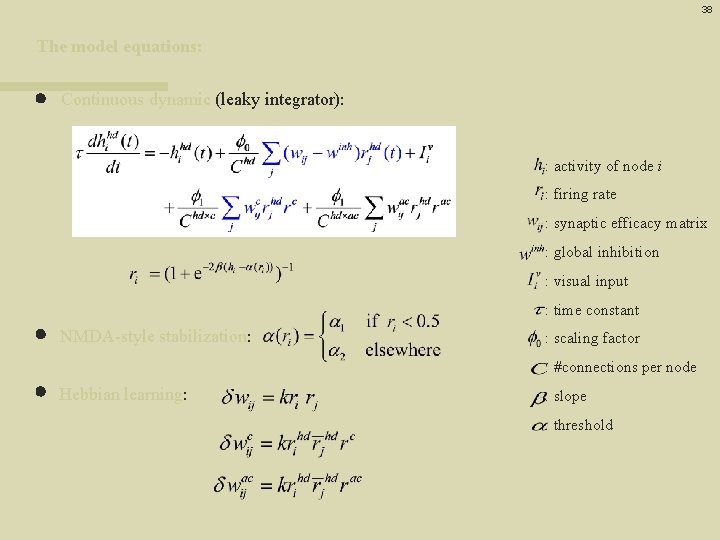 38 The model equations: Continuous dynamic (leaky integrator): : activity of node i :