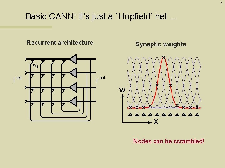 5 Basic CANN: It’s just a `Hopfield’ net … Recurrent architecture Synaptic weights Nodes