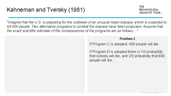 Kahneman and Tversky (1981) “Imagine that the U. S. is preparing for the outbreak