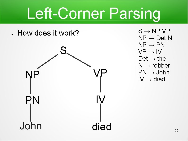 Left-Corner Parsing ● How does it work? S NP VP PN IV died S Left-Corner Parsing ● How does it work? S NP VP PN IV died S
