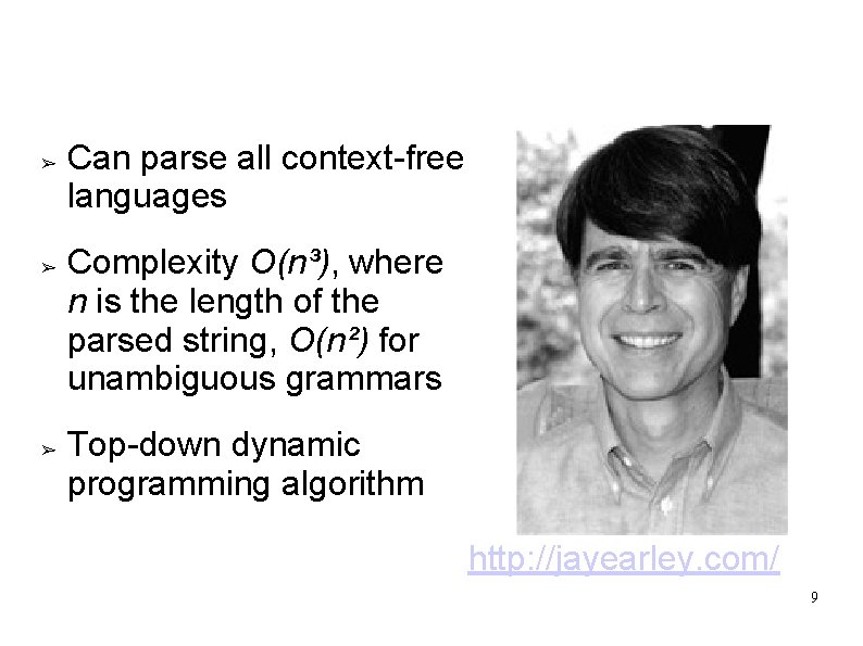 Earley Parser ➢ ➢ ➢ Can parse all context-free languages Complexity O(n³), where n Earley Parser ➢ ➢ ➢ Can parse all context-free languages Complexity O(n³), where n