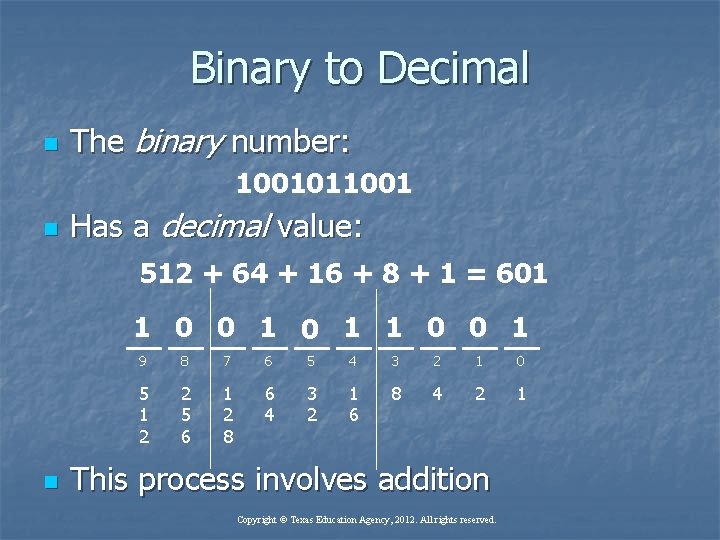 Binary to Decimal n The binary number: 1001011001 n Has a decimal value: 512