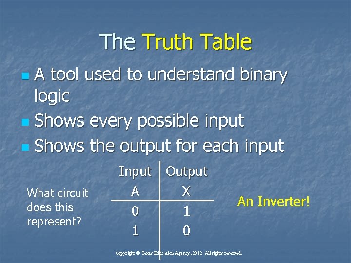 The Truth Table A tool used to understand binary logic n Shows every possible