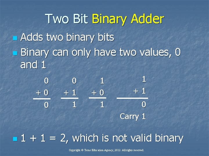 Two Bit Binary Adder Adds two binary bits n Binary can only have two