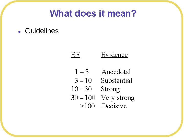 What does it mean? l Guidelines BF Evidence 1– 3 3 – 10 10