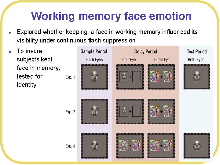 Working memory face emotion l l Explored whether keeping a face in working memory