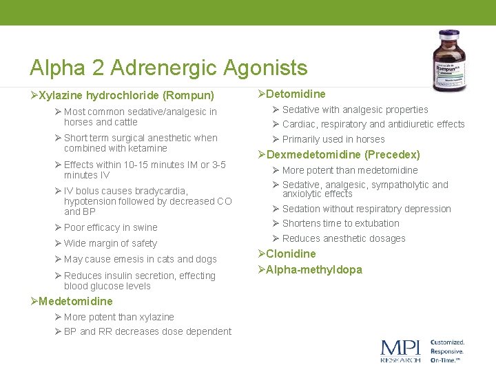 Alpha 2 Adrenergic Agonists ØXylazine hydrochloride (Rompun) Ø Most common sedative/analgesic in horses and