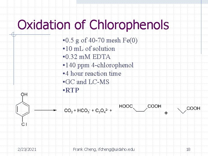 Oxidation of Chlorophenols • 0. 5 g of 40 -70 mesh Fe(0) • 10