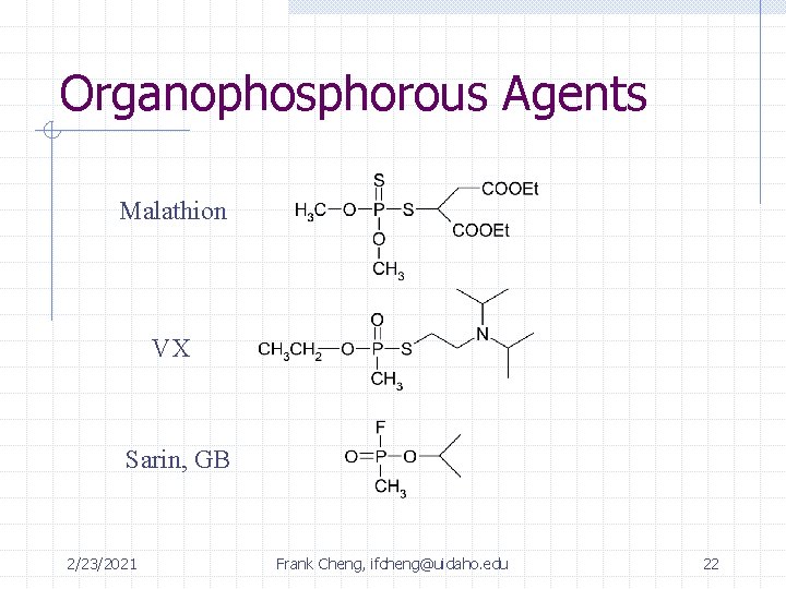 Organophosphorous Agents Malathion VX Sarin, GB 2/23/2021 Frank Cheng, ifcheng@uidaho. edu 22 