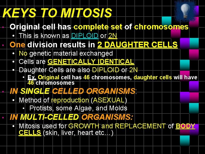 KEYS TO MITOSIS • Original cell has complete set of chromosomes • This is