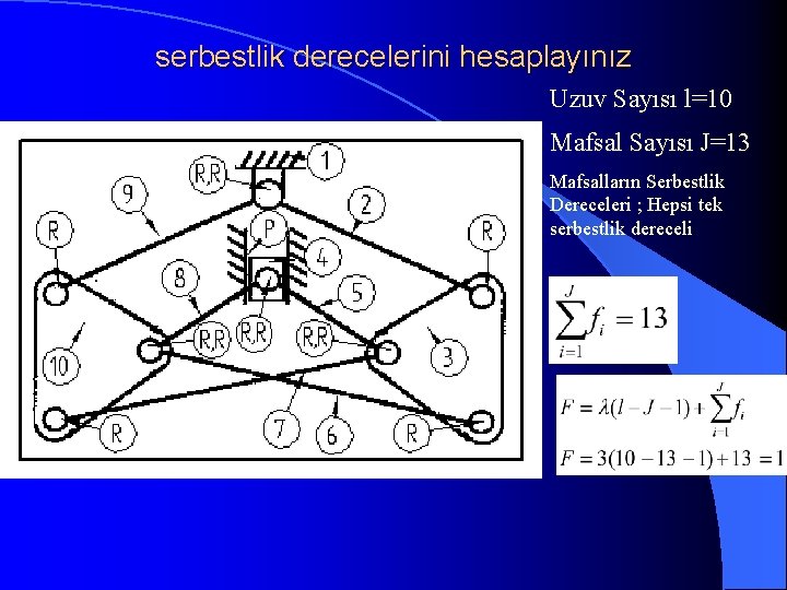 serbestlik derecelerini hesaplayınız Uzuv Sayısı l=10 Mafsal Sayısı J=13 Mafsalların Serbestlik Dereceleri ; Hepsi