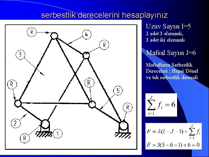 serbestlik derecelerini hesaplayınız Uzuv Sayısı l=5 2 adet 3 elemanlı, 3 adet iki elemanlı