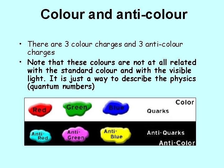 Colour and anti-colour • There are 3 colour charges and 3 anti-colour charges •