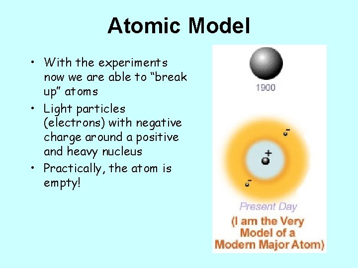 Atomic Model • With the experiments now we are able to “break up” atoms