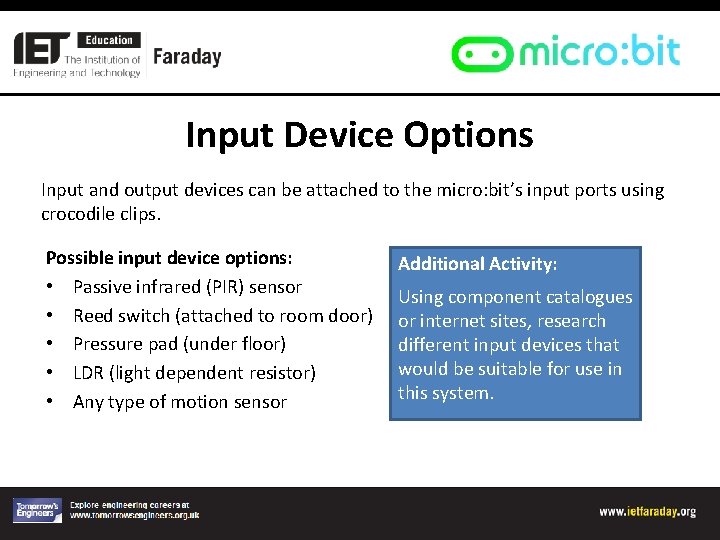 Input Device Options Input and output devices can be attached to the micro: bit’s