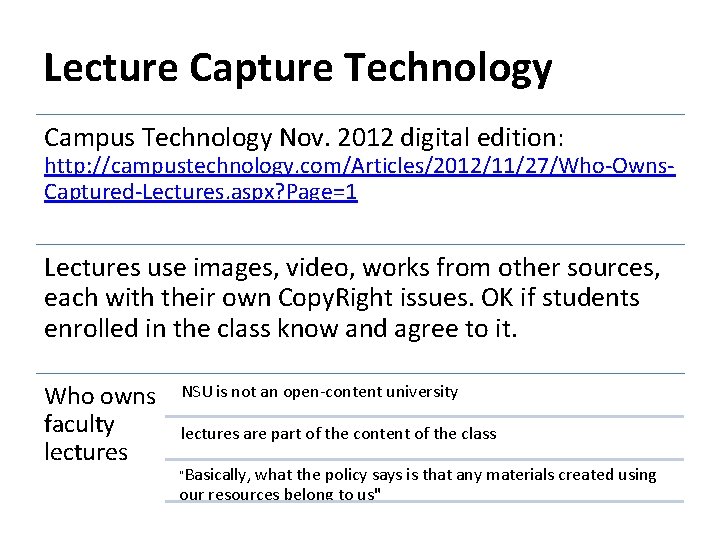 Lecture Capture Technology Campus Technology Nov. 2012 digital edition: http: //campustechnology. com/Articles/2012/11/27/Who-Owns. Captured-Lectures. aspx?