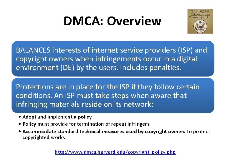 DMCA: Overview BALANCES interests of internet service providers (ISP) and copyright owners when infringements