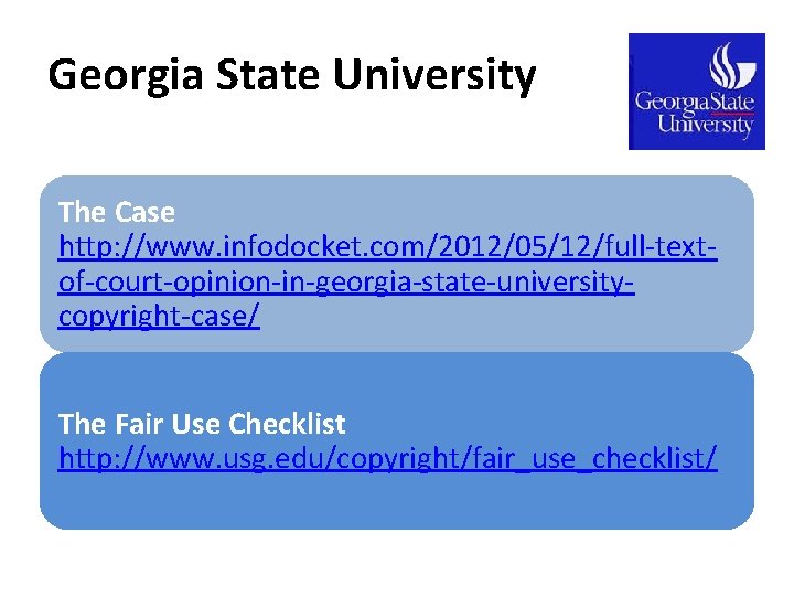 Georgia State University The Case http: //www. infodocket. com/2012/05/12/full-textof-court-opinion-in-georgia-state-universitycopyright-case/ The Fair Use Checklist http: