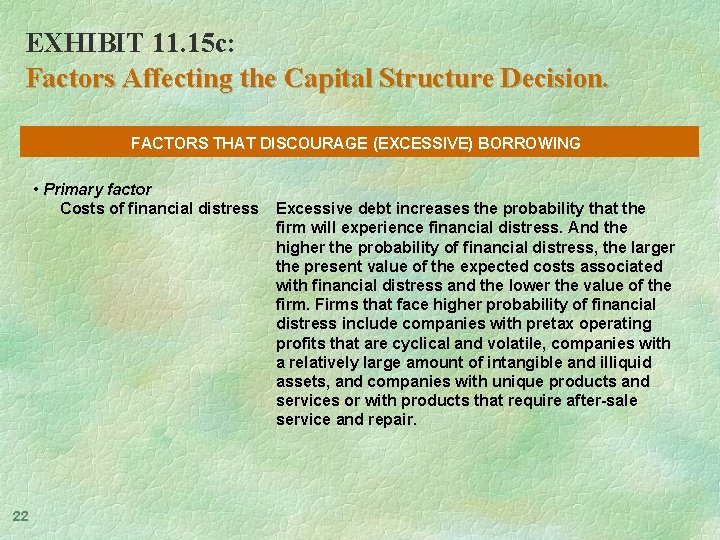 EXHIBIT 11. 15 c: Factors Affecting the Capital Structure Decision. FACTORS THAT DISCOURAGE (EXCESSIVE)