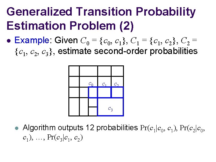 Generalized Transition Probability Estimation Problem (2) l Example: Given C 0 = {c 0,