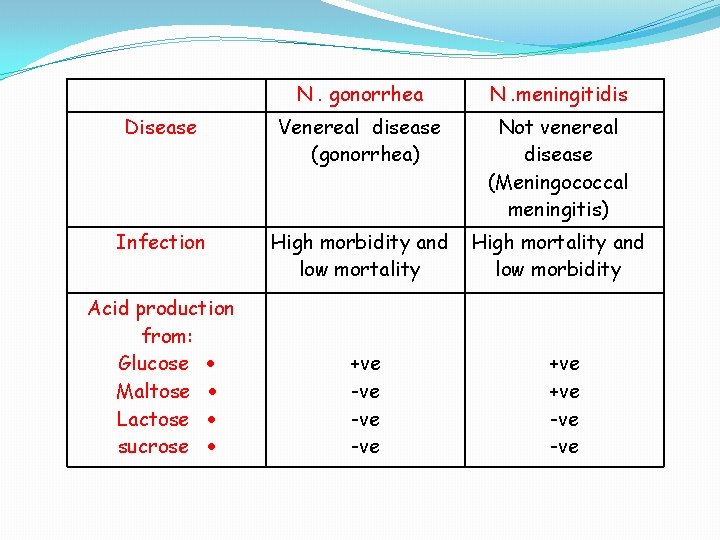 N. gonorrhea N. meningitidis Disease Venereal disease (gonorrhea) Not venereal disease (Meningococcal meningitis) Infection