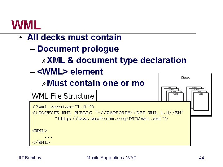 WML • All decks must contain – Document prologue » XML & document type