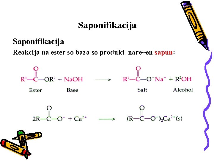 Saponifikacija Reakcija na ester so baza so produkt nare~en sapun: 