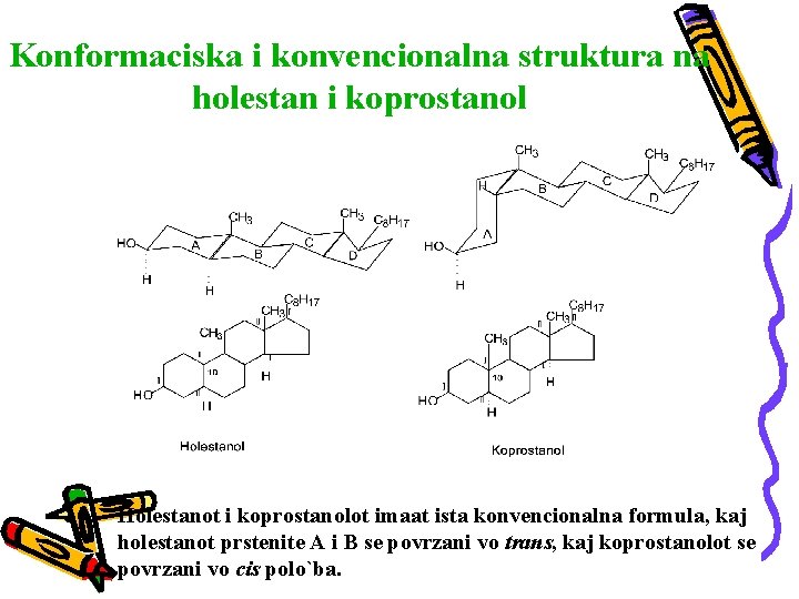 Konformaciska i konvencionalna struktura na holestan i koprostanol Holestanot i koprostanolot imaat ista konvencionalna