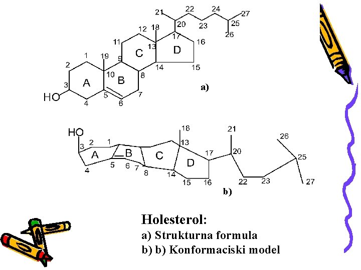 a) b) Holesterol: a) Strukturna formula b) b) Konformaciski model 