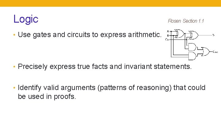 Logic Rosen Section 1. 1 • Use gates and circuits to express arithmetic. •