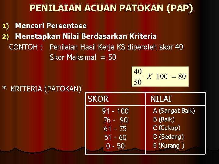 PENILAIAN ACUAN PATOKAN (PAP) Mencari Persentase 2) Menetapkan Nilai Berdasarkan Kriteria CONTOH : Penilaian