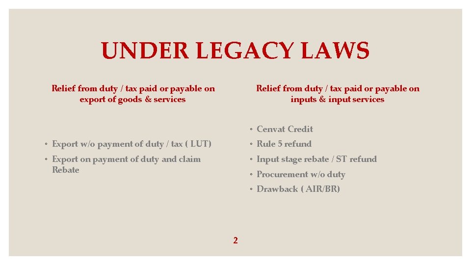 UNDER LEGACY LAWS Relief from duty / tax paid or payable on export of