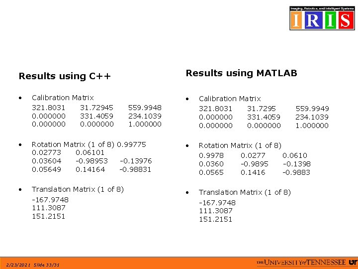 Results using C++ Results using MATLAB • Calibration Matrix 321. 8031 31. 72945 559.