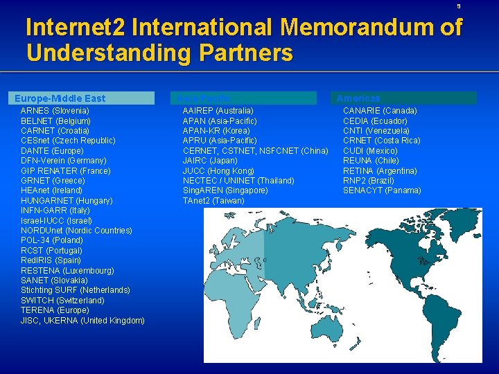 9 Internet 2 International Memorandum of Understanding Partners Europe-Middle East ARNES (Slovenia) BELNET (Belgium)