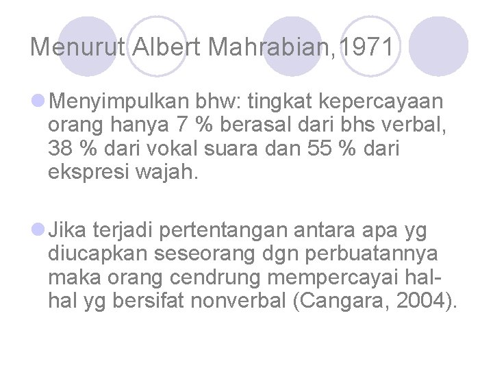Menurut Albert Mahrabian, 1971 l Menyimpulkan bhw: tingkat kepercayaan orang hanya 7 % berasal