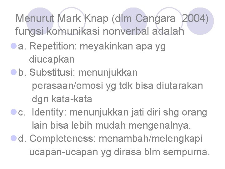 Menurut Mark Knap (dlm Cangara 2004) fungsi komunikasi nonverbal adalah l a. Repetition: meyakinkan