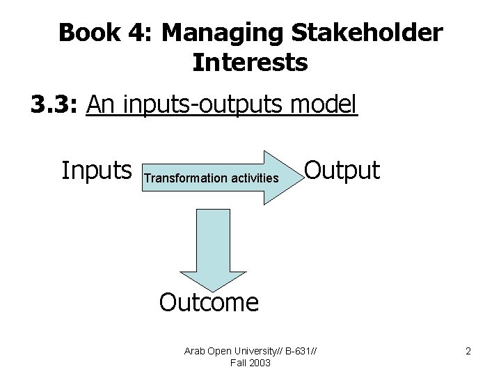 Book 4: Managing Stakeholder Interests 3. 3: An inputs-outputs model Inputs Transformation activities Output