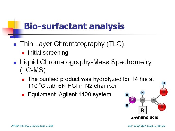 Bio-surfactant analysis n Thin Layer Chromatography (TLC) n n Initial screening Liquid Chromatography-Mass Spectrometry