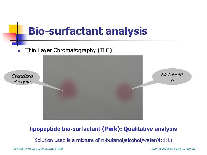 Bio-surfactant analysis n Thin Layer Chromatography (TLC) Metabolit e Standard Sample lipopeptide bio-surfactant (Pink):