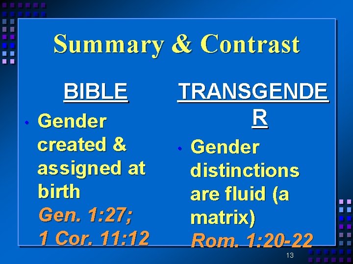 Summary & Contrast BIBLE • Gender created & assigned at birth Gen. 1: 27;