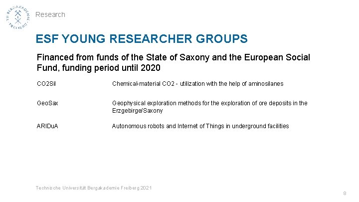 Research ESF YOUNG RESEARCHER GROUPS Financed from funds of the State of Saxony and