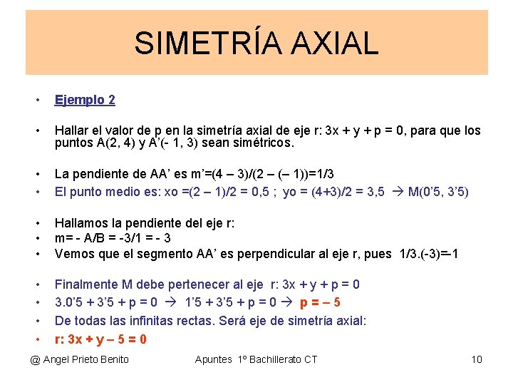 SIMETRÍA AXIAL • Ejemplo 2 • Hallar el valor de p en la simetría