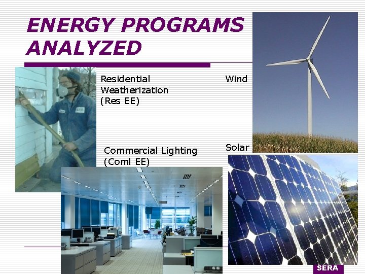 ENERGY PROGRAMS ANALYZED Residential Weatherization (Res EE) Commercial Lighting (Coml EE) Wind Solar SERA