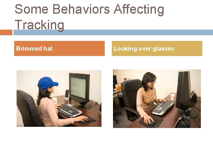 Some Behaviors Affecting Tracking Brimmed hat Looking over glasses 