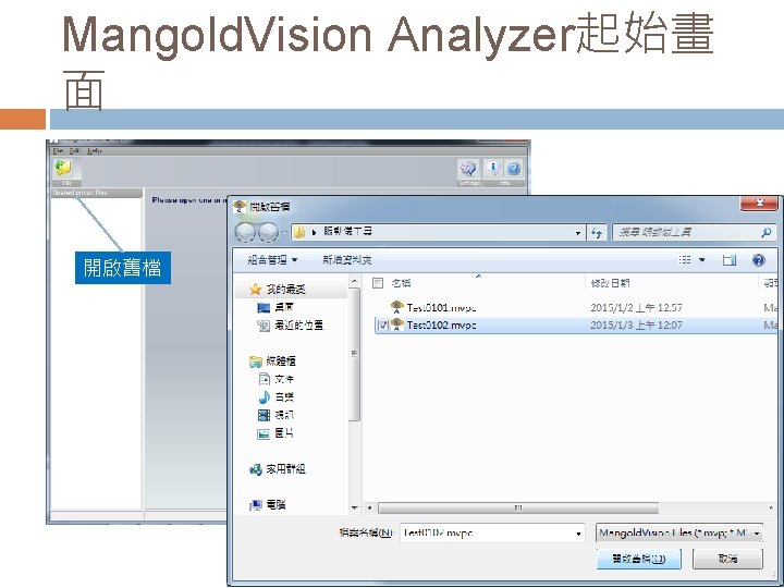 Mangold. Vision Analyzer起始畫 面 開啟舊檔 