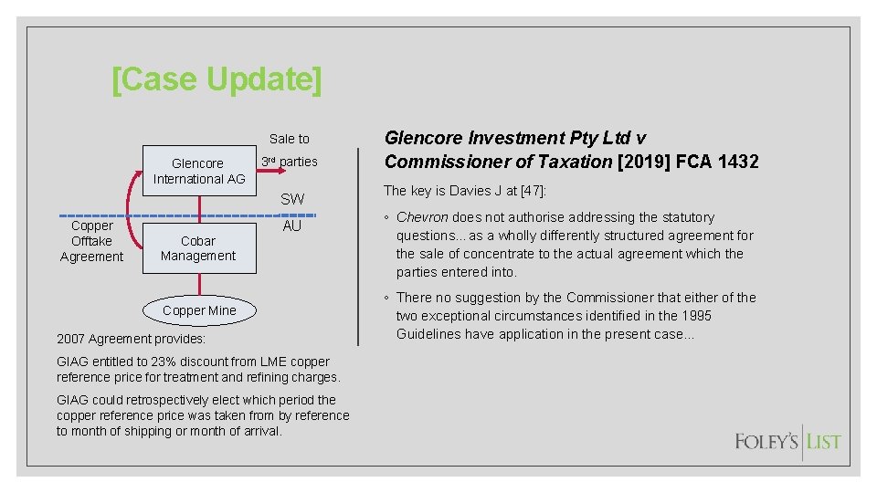 [Case Update] Sale to Glencore International AG 3 rd parties SW Copper Offtake Agreement