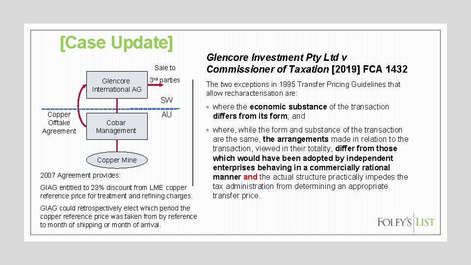 [Case Update] Sale to Glencore International AG 3 rd parties SW Copper Offtake Agreement