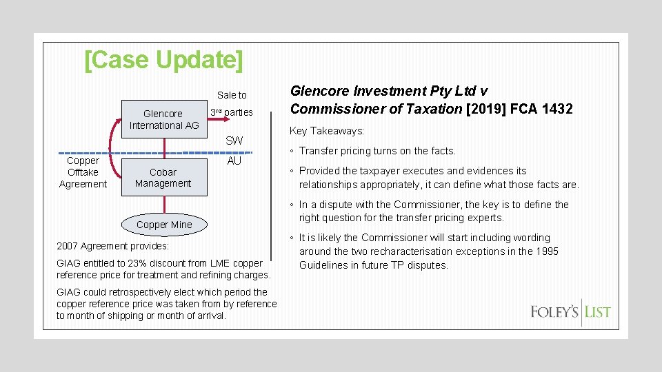 [Case Update] Sale to Glencore International AG 3 rd parties SW Copper Offtake Agreement