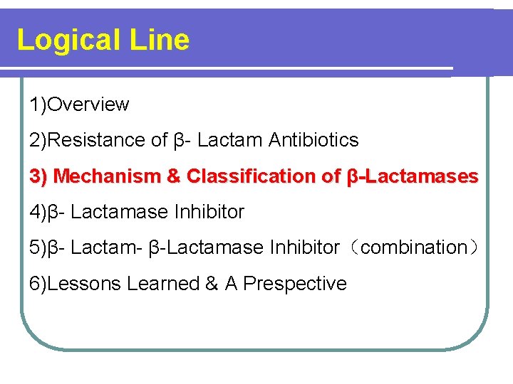 Logical Line 1)Overview 2)Resistance of β- Lactam Antibiotics 3) Mechanism & Classification of β-Lactamases